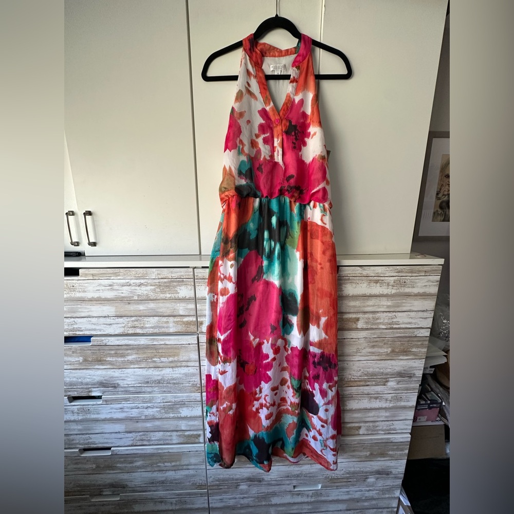 🌺 Bisou Bisou Floral Halter Maxi Dress Slit Boho Size 10